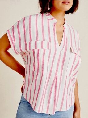 Anthropologie Amira Utility Pink and White Striped Button-Front Shirt